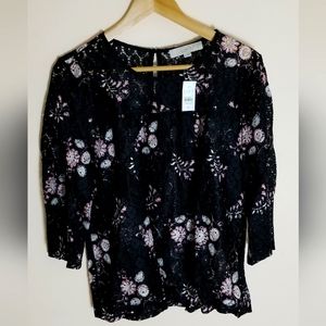NWT Ann Taylor LOFT Black Floral Lace Top Medium